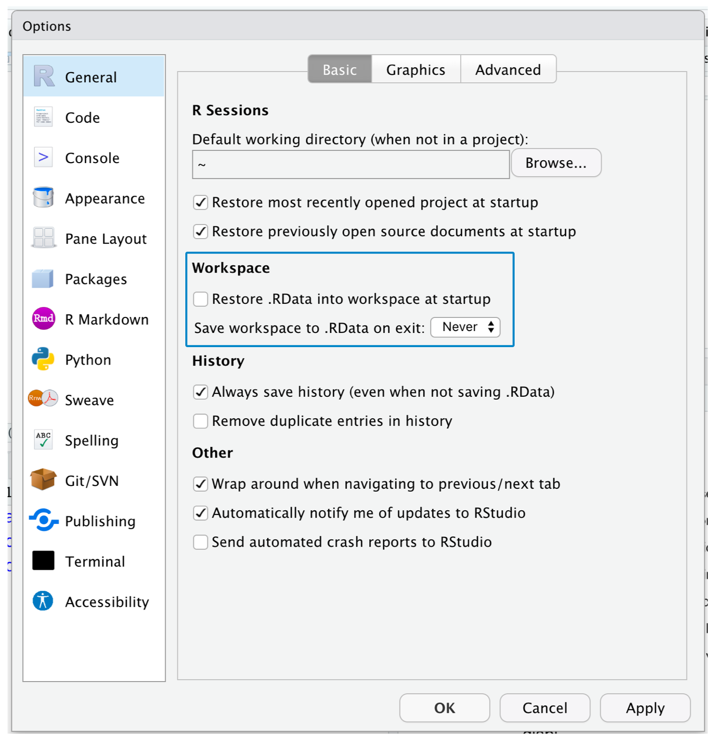نافذة خيارات RStudio العالمية حيث لا يتم تحديد خيار Restore .RData into workspace at startup. وأيضاً، تم ضبط خيار Save workspace to .RData on exit على Never. 