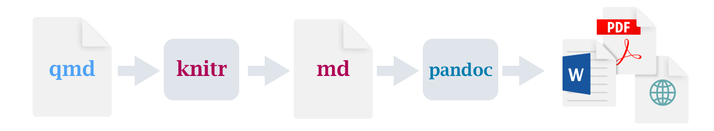 مخطط مسار العمل يبدأ بملف qmd، ثم knitr، ثم md، ثم pandoc، ثم PDF، MS Word، أو HTML. 
