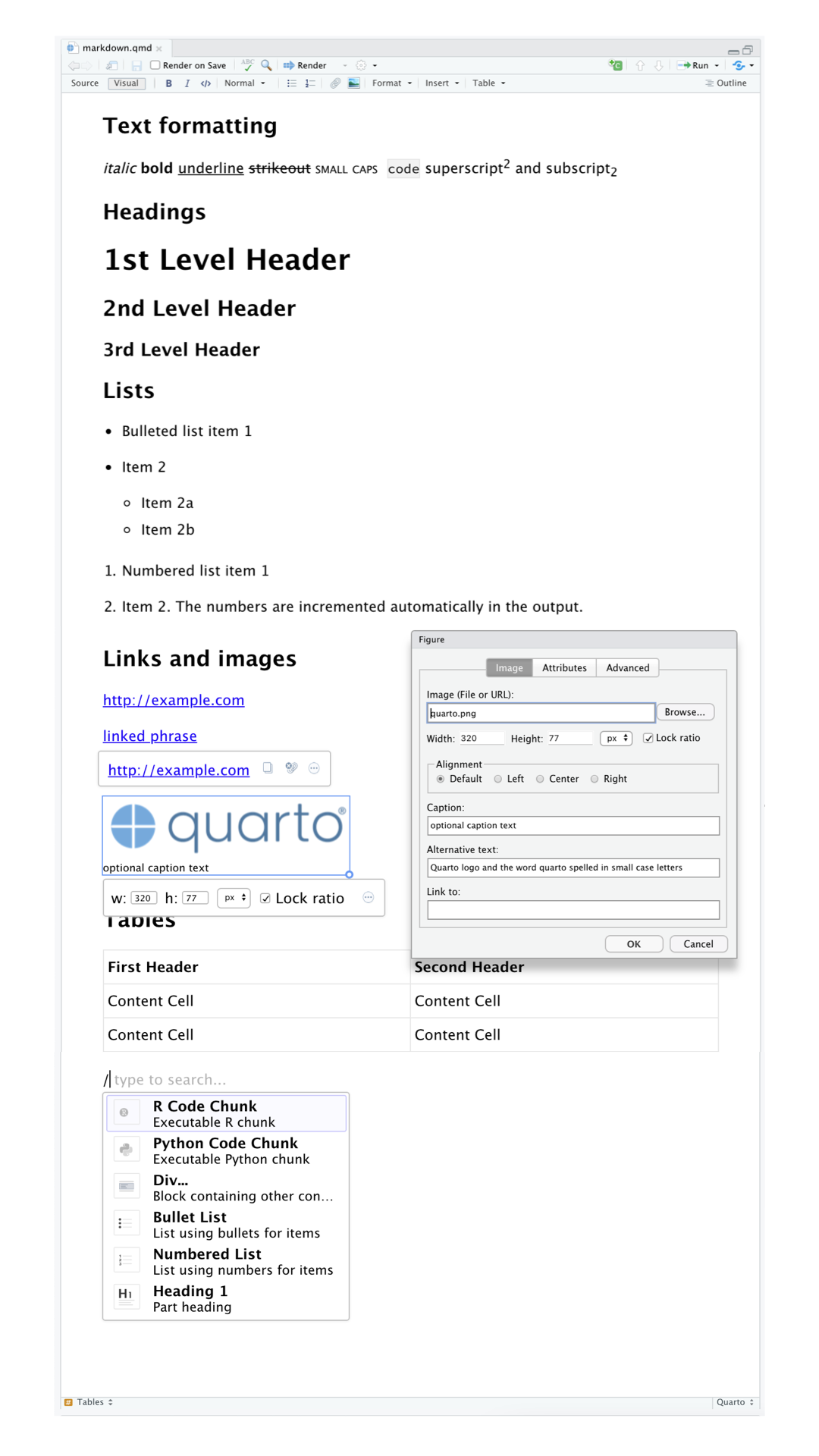 مستند Quarto يعرض ميزات متنوعة للمحرر المرئي مثل تنسيق النص (مائل، عريض، تحت الخط، أحرف كبيرة صغيرة، كود، منخفض، ومرفوع)، عناوين من المستوى الأول إلى الثالث، قوائم نقطية ورقمية، روابط، وعبارات مرتبطة، وصور (مع نافذة منبثقة لتخصيص حجم الصورة، وإضافة نص توضيحي ونص بديل، إلخ)، وجداول مع صف ترويسة، وأداة إدراج أي شيء مع خيارات لإدراج كتلة كود R، أو كتلة كود Python، أو div، أو قائمة نقطية، أو قائمة رقمية، أو عنوان مستوى أول.