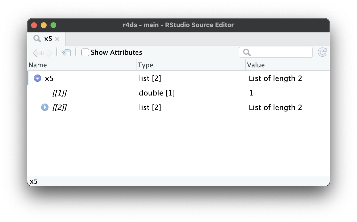 لقطة شاشة لـ RStudio تظهر مستعرض القوائم. يظهر الابنين لـ x5: الابن الأول هو متجه مزدوج والابن الثاني هو قائمة. يشير المثلث المتجه لليمين إلى أن الابن الثاني لديه أبناء ولكن لا يمكنك رؤيتهم حالياً. 