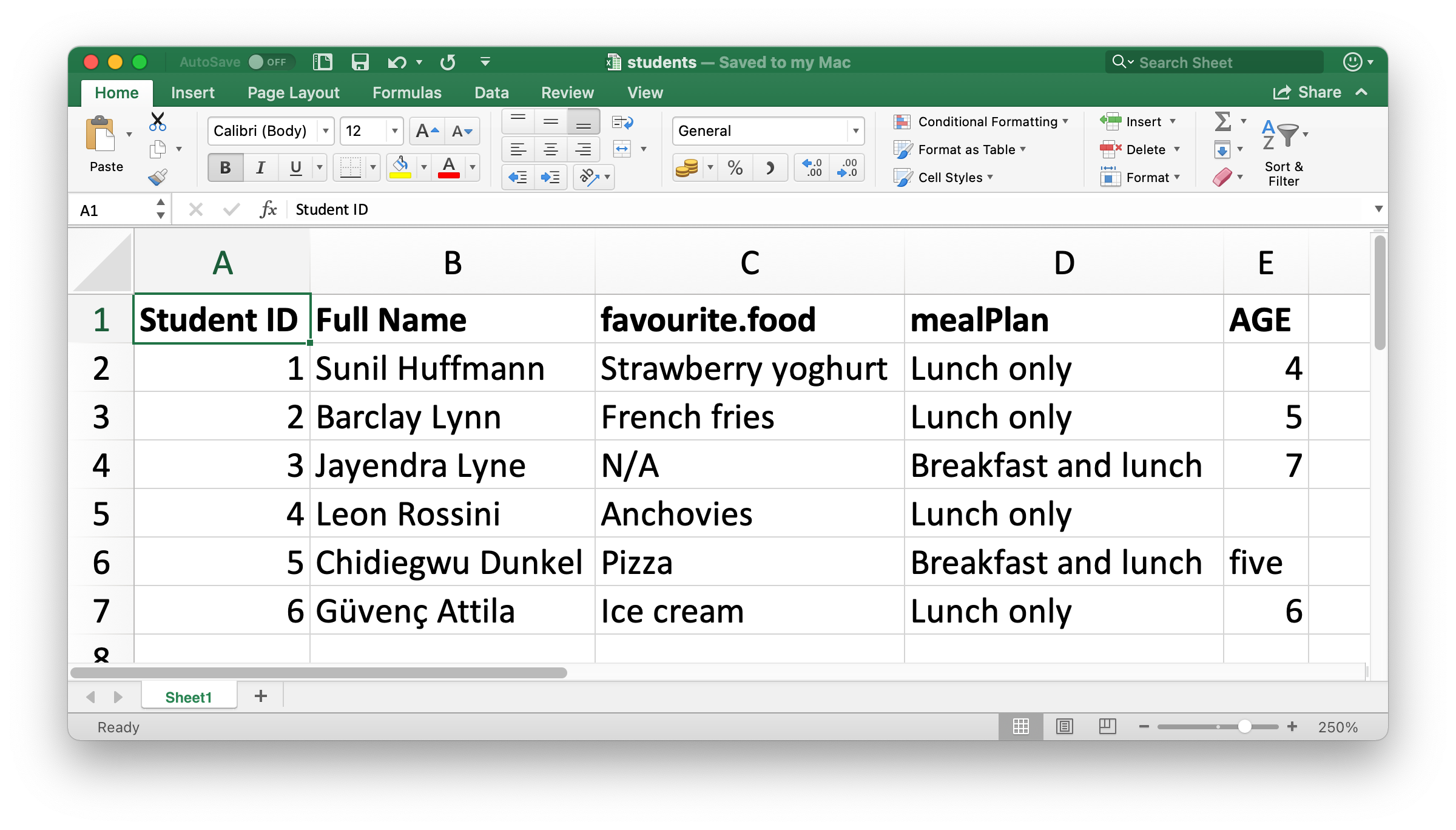 نظرة على جدول بيانات الطلاب في Excel. يحتوي جدول البيانات على معلومات عن 6 طلاب، ورقمهم التعريفي، والاسم الكامل، والطعام المفضل، وخطة الوجبات، والعمر.