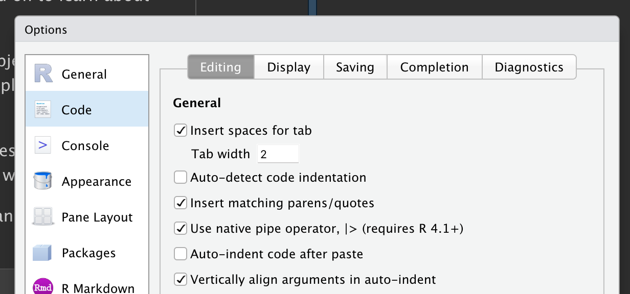 لقطة شاشة توضح خيار "Use native pipe operator" والذي يمكن العثور عليه في لوحة "Editing" ضمن خيارات الكود "Code".