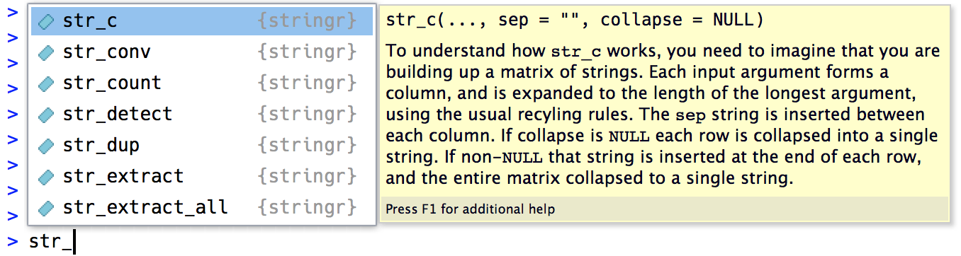 كتابة str_c في موجه أوامر RStudio مع عرض تلميح الإكمال التلقائي في الأعلى، والذي يعرض الدوال التي تبدأ بـ str_c. تظهر بنية الدالة وبداية صفحة الوثائق للدالة المحددة من قائمة الإكمال التلقائي في لوحة على اليمين.